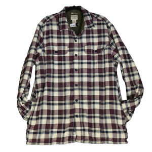 LL Bean Fleece Lined Flannel Shacket Mens Large Flannel Shirt Brown Side Pocket